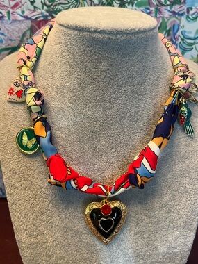 Vibrant Silk Scarf Charm Necklace with Gold Heart Pendant